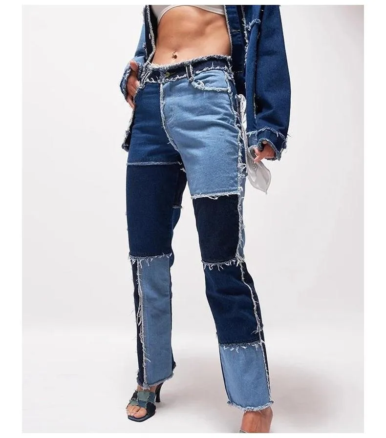 Women Patchwork Jeans High Waist Slim Fit Denim Pants