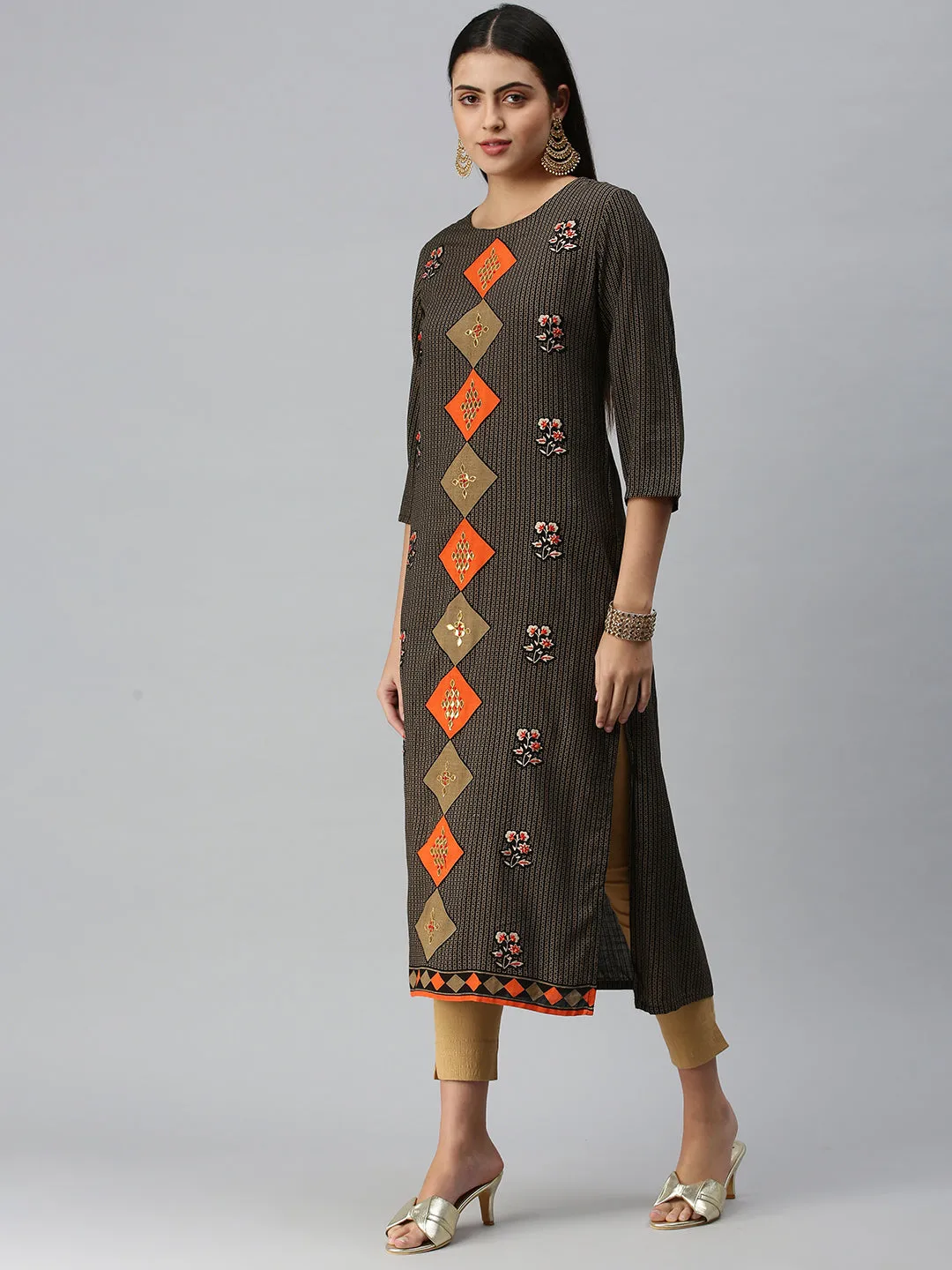 Women's BlackBeige Floral Khatwa Straight Kurta