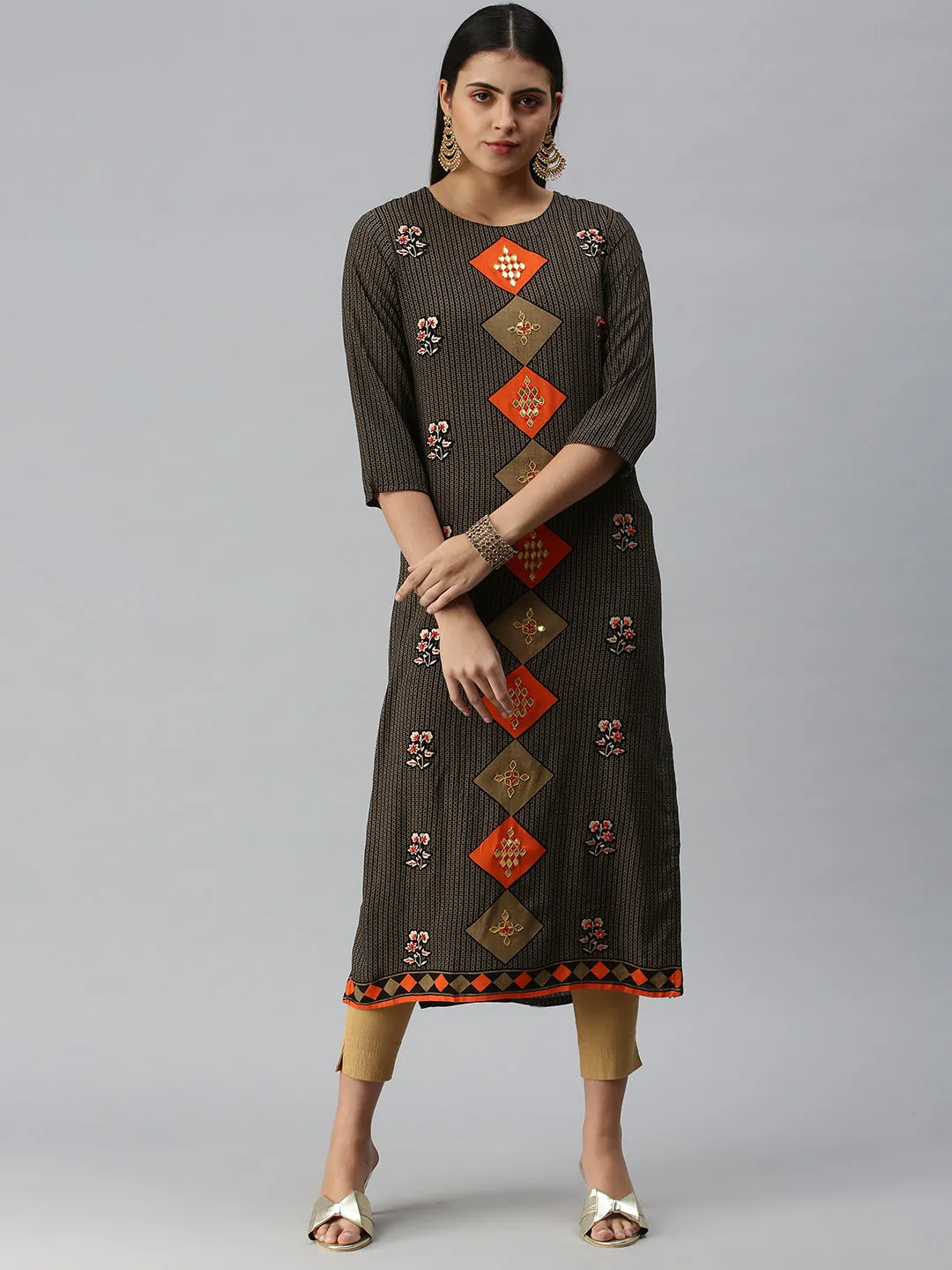 Women's BlackBeige Floral Khatwa Straight Kurta