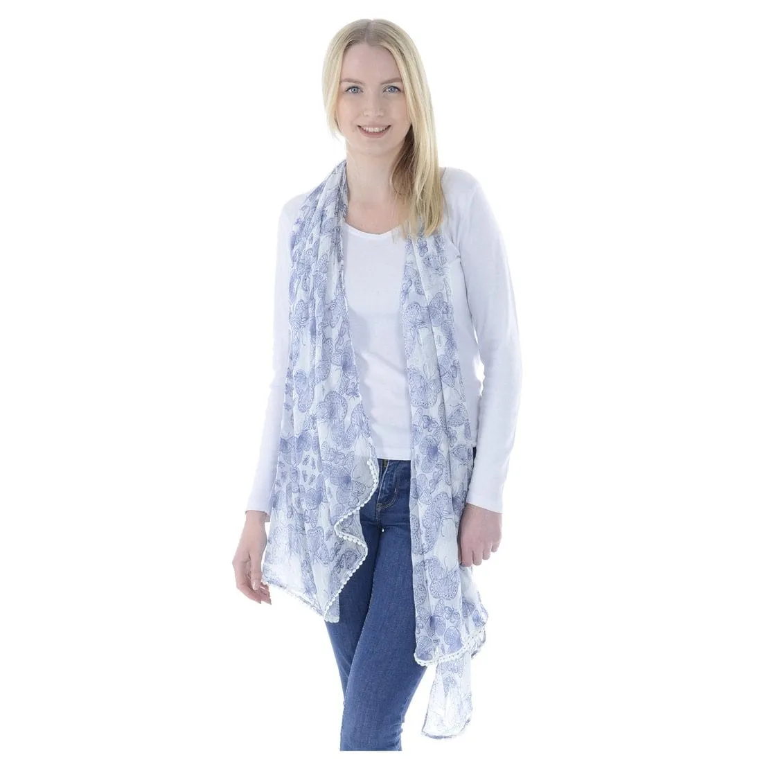 Womens Lightweight Sheer Summer Scarf Blue Butterfly Print