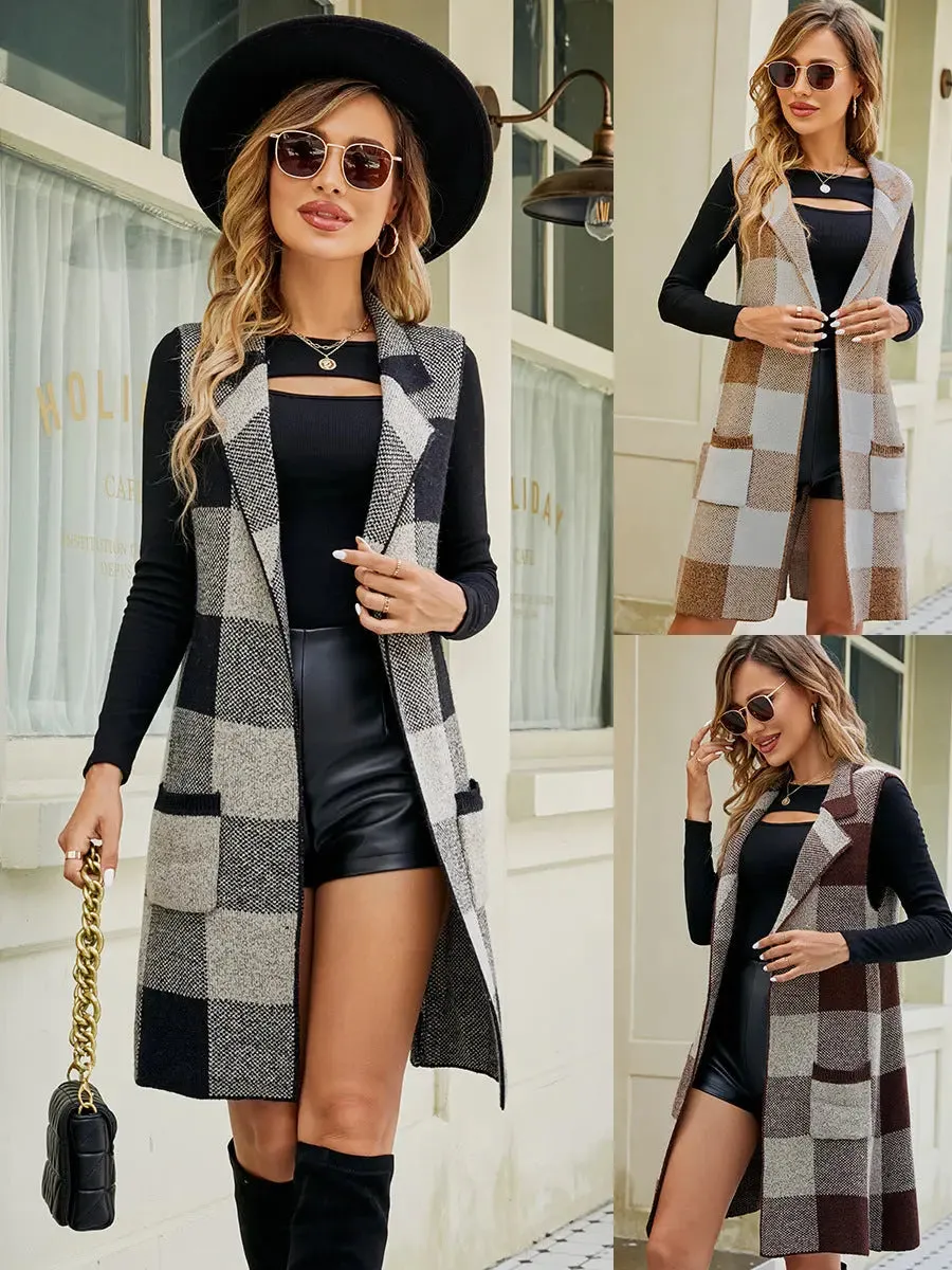 Women's Long Suit Collar Sleeveless Sweater Jacket