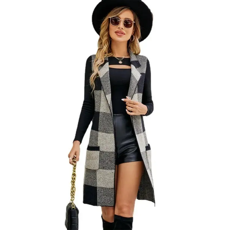 Women's Long Suit Collar Sleeveless Sweater Jacket