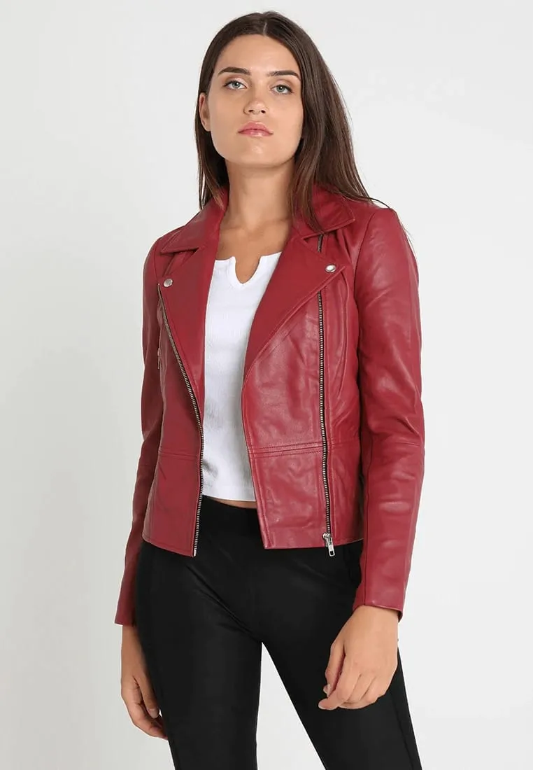 Women’s Red Sheepskin Leather Biker Jacket