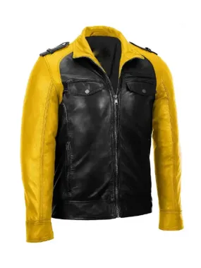 Yellow and Black Motorbike Leather Jacket For Men