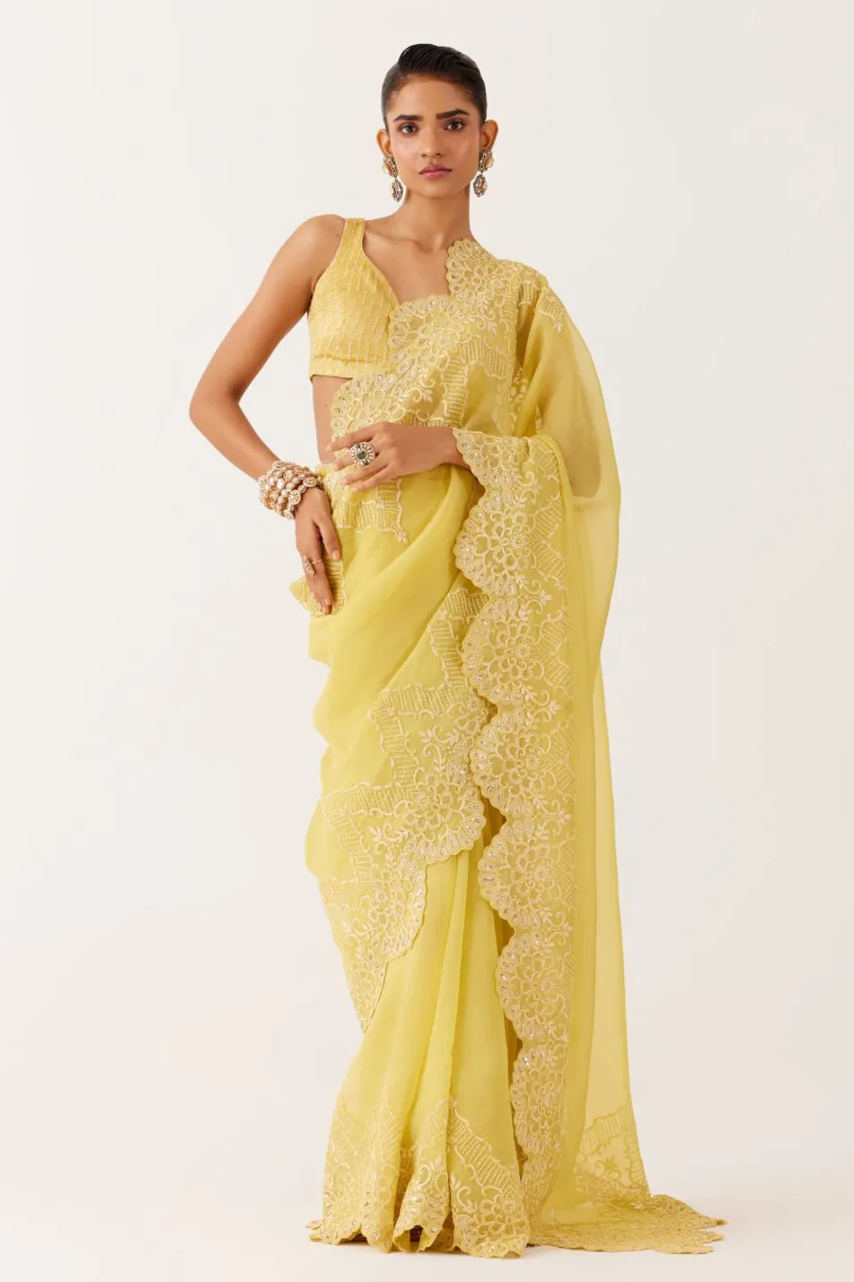 Yellow Embroidered Silk Organza Saree