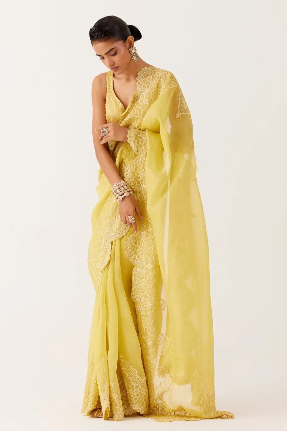 Yellow Embroidered Silk Organza Saree